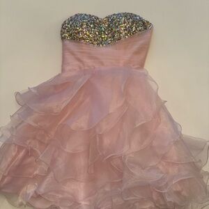 Alyce Paris Pink Strapless tiered ruffle Dress with Silver jewels